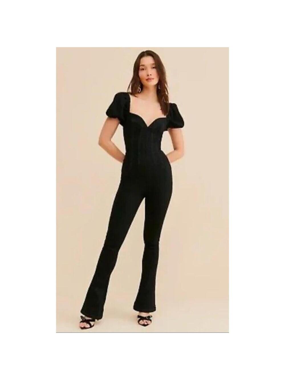 Free People Black Denim Moondance Flared Jumpsuit XS